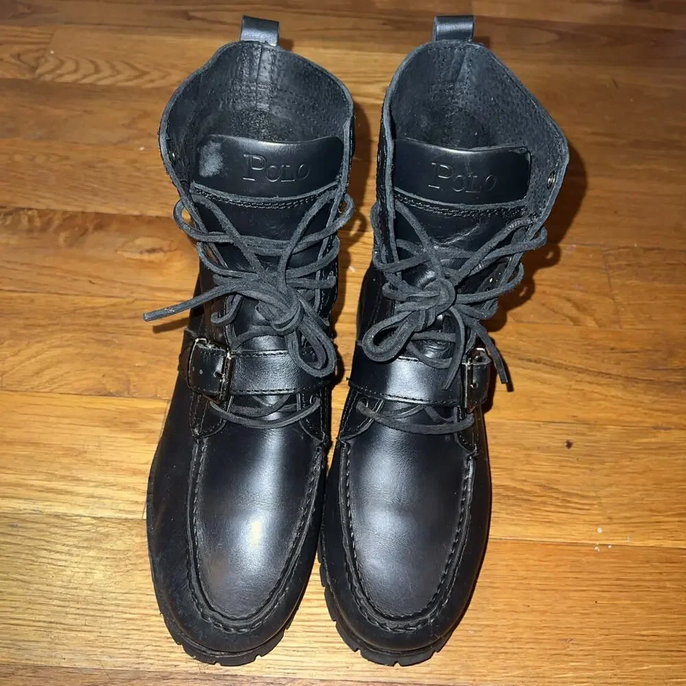 Polo Ralph Lauren Ranger Black Leather Army Boots Men Size 7.5/Women 9
